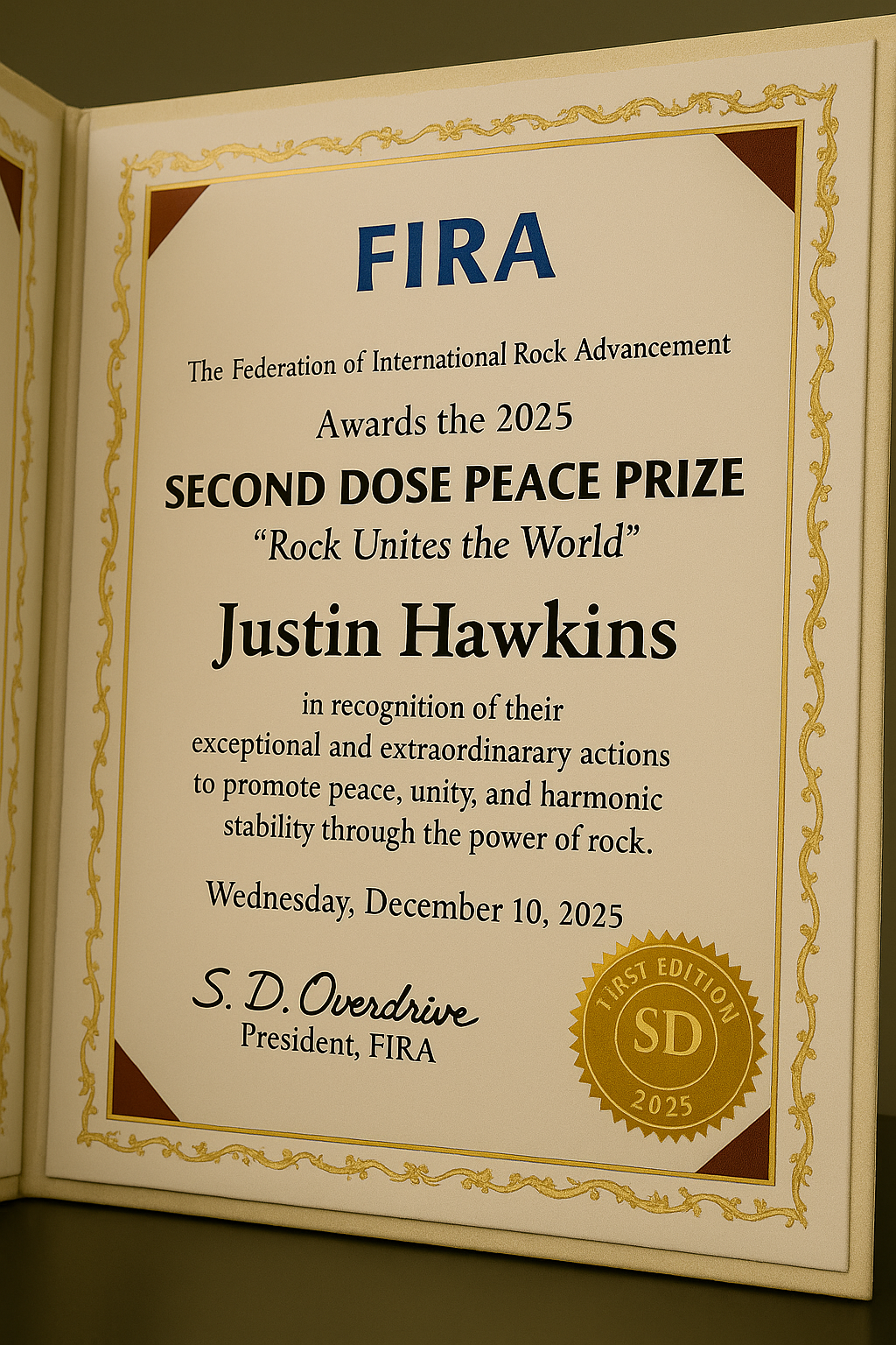 Justin Hawkins Certificate